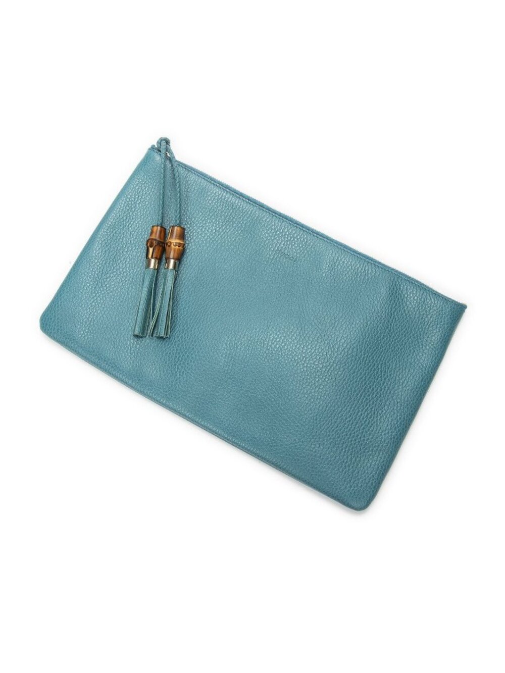 Gucci Bamboo Tassel Zip Clutch Teal Gray Leather
